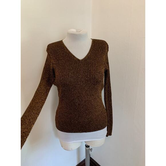 Y2K VTG Joseph A. Sweater M Metallic Bronze Thread Knit Ribbed Sexy Snug V Neck - Picture 6 of 11